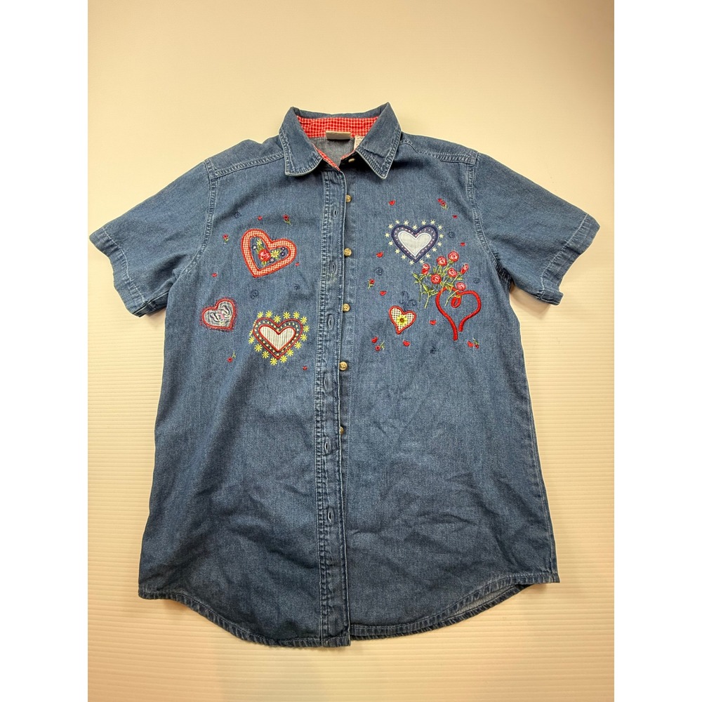 Bobbie Brooks Womens Denim Heart Embroidered Short Sleeve Button Down Shirt